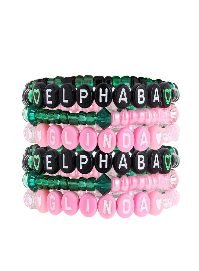 RANERVZ 6pcs Pink Green Elphaba Glinda Witch Stackable Beaded Bracelets Inspired Matching Friendship Bracelets for Fans Witch BFF Bracelet Gift for Women Cosplay Costume Jewelry Accessories - Image 1